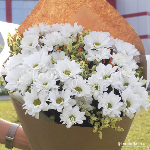 # 606 Букет из 5 ромашковых хризантем в крафте